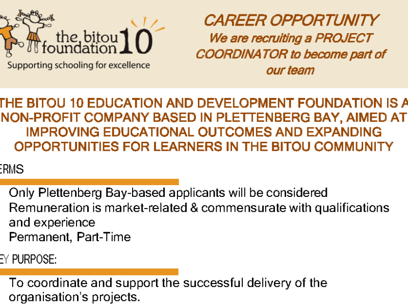 CAREER OPPORTUNITY: We are recruiting a PROJECT COORDINATOR to become part of our team