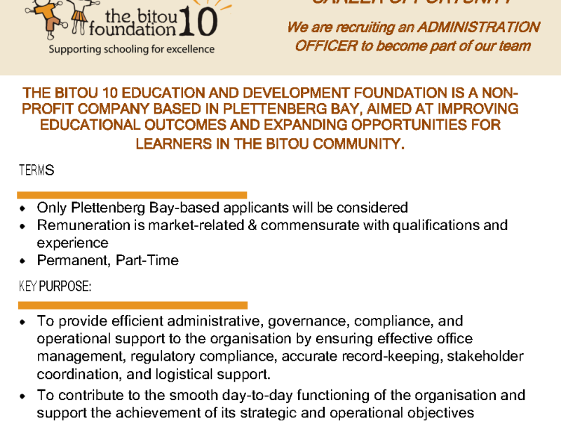 CAREER OPPORTUNITY: We are recruiting an ADMINISTRATION OFFICER to become part of our team