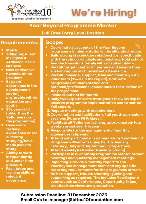 Year Beyond Programme Mentor Job Specification Guidelines Scope Coordinate all aspects of the Year Beyond programme implementation in the allocated region. Build strong stakeholder relationshi 2
